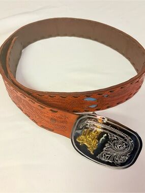 Men's Tooled Leather Western Belt with Decorative Buckle - Brown